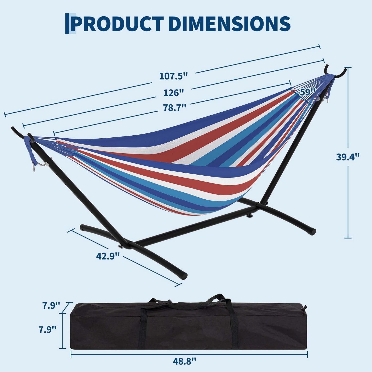 JoanKaren Double Hammock with Portable Space Saving Heavy-Duty Steel Stand,2 Person Outdoor 450lb Capacity Standing Hammocks,Indoor/Outdoor,Blue & White & Red Stripes