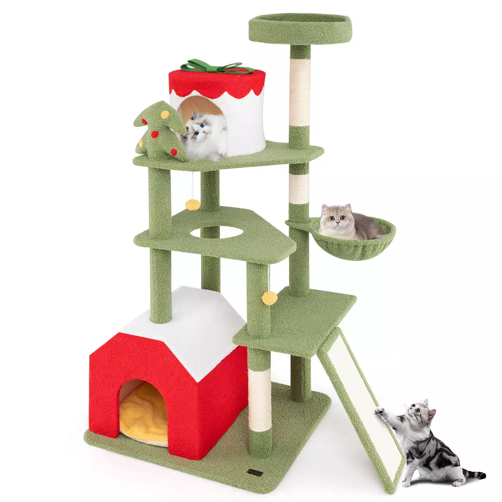 Harmijoy 61" Tall Christmas Cat Tree, Multi-level Cat Furniture w/ Sisal Scratching Posts, Plush Perch & 2 Condos, Basket Bed, Hanging Toys, Comfy Hammock, Festival Theme Cat Tower for Indoor Cat