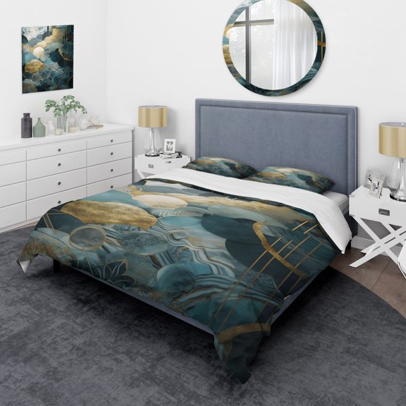Designart "Harmonious Nature in Abstract Blue and Gold" Abstract Floral Bedding Covert Set - Traditional Blue Floral Bed Set With 2 Shams