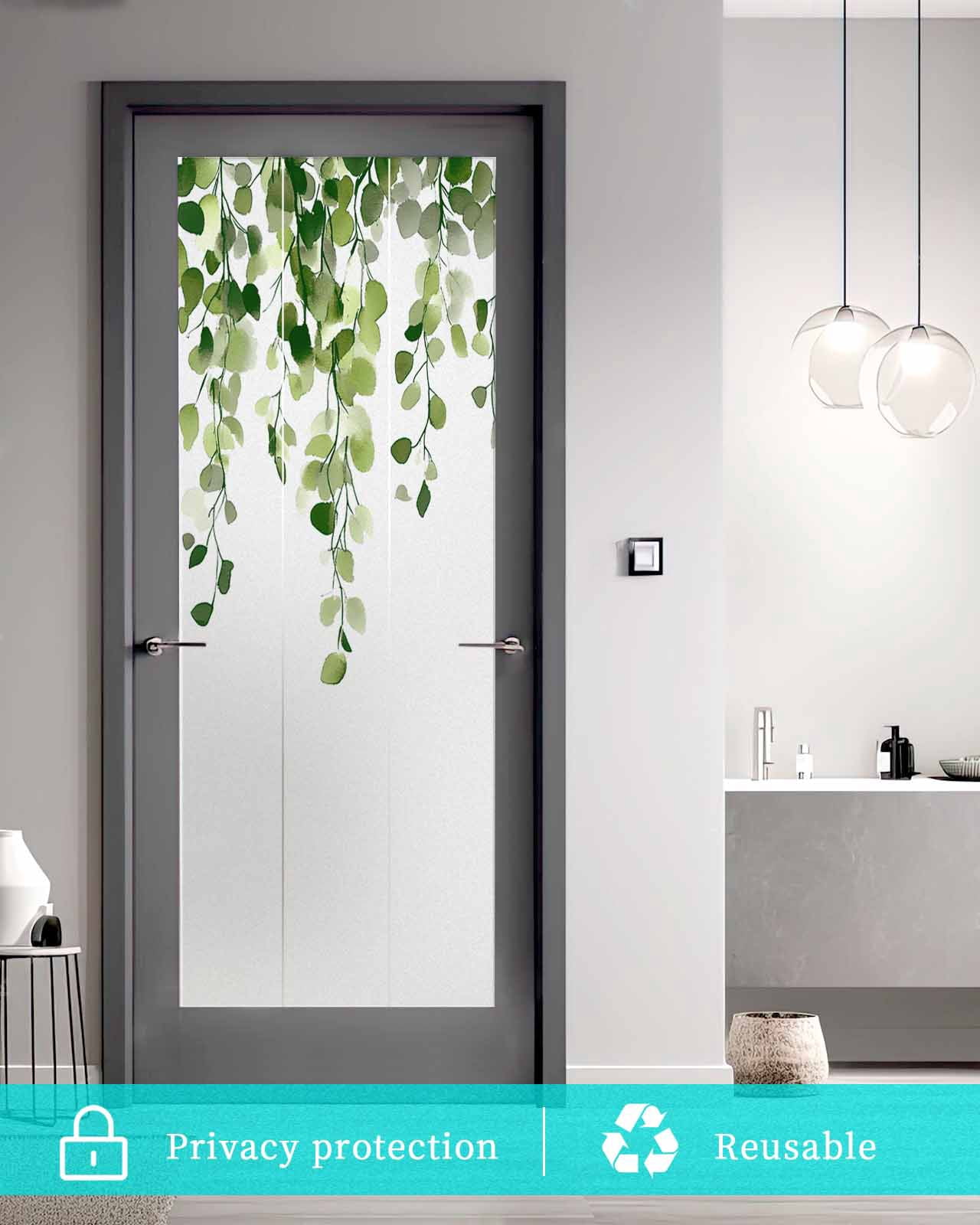 Window Privacy Film Green Eucalyptus Leaves Stained Glass Window Film Decorative Sun Block Window Cover Summer Watercolor Leaf Window Clings Static Adhesive Sticker for Bathroom 23.6"x59"