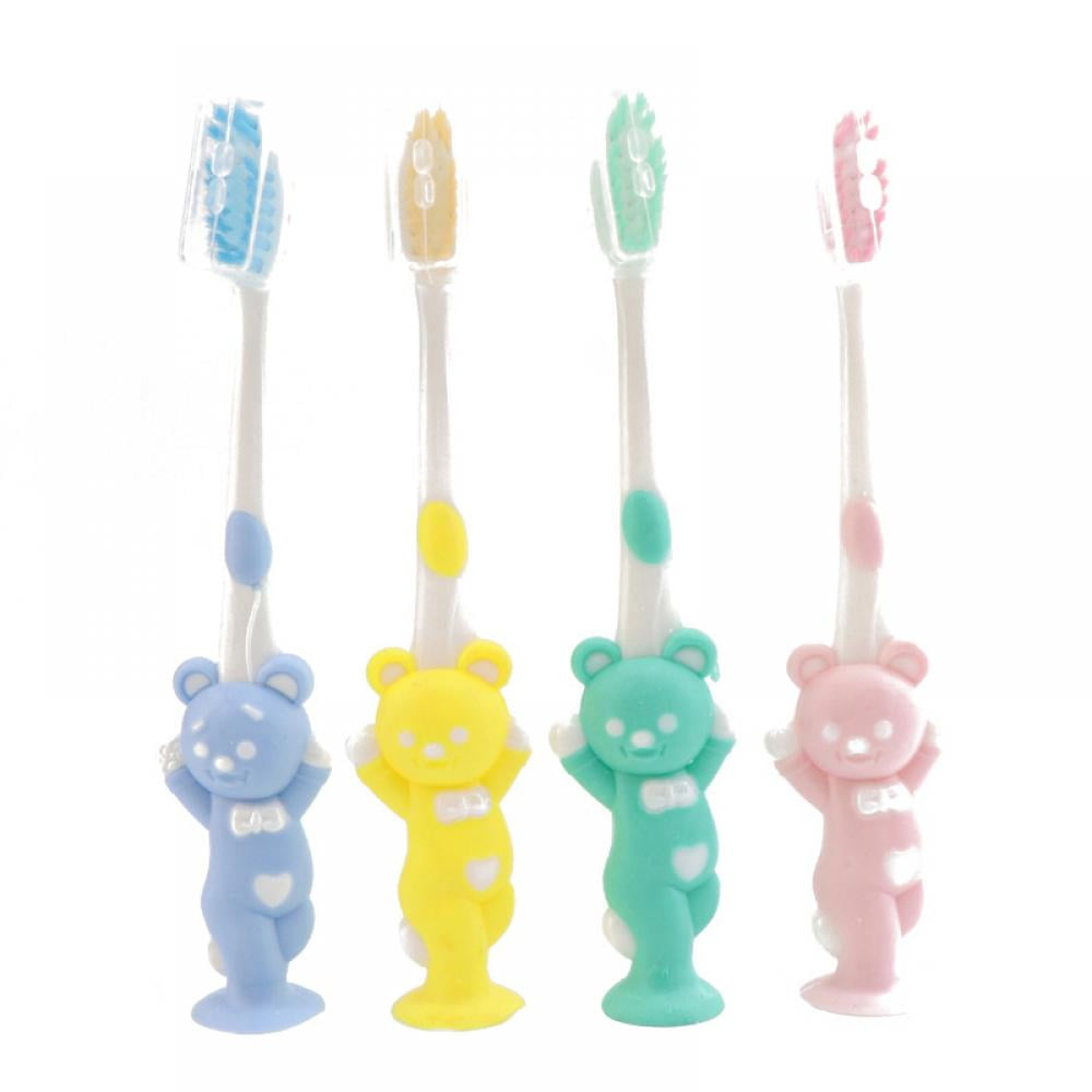 4 Pieces Kids Toothbrush Cartoon Children Toothbrush Extra Soft Toothbrush with Suction Cup for Boys and Girls 2 to 8 Years Old, 4 Colors