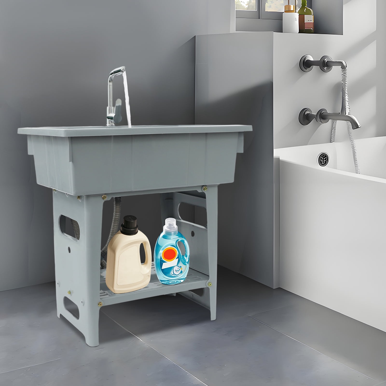 Laundry Sink 31.5x22x31.9in Grey Freestanding Utility Sink with 28.4x17.7x9.4in Basin & Storage Shelf
