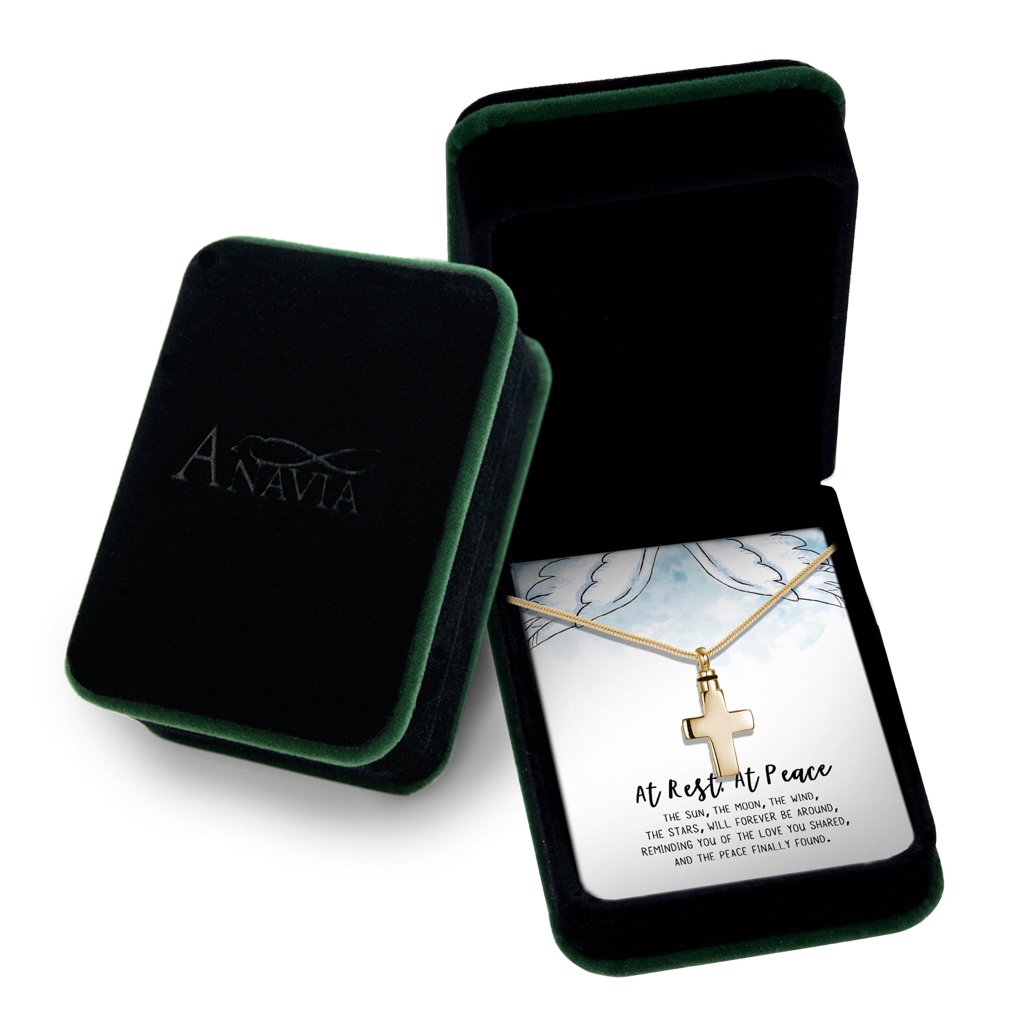 At Rest At Peace Card - Gold Cremation Necklace - Memorial Urn Jewelry - Keepsake Human Ashes Holder Container - Stainless Steel Cross - Funnel Kit - Ships Next Day