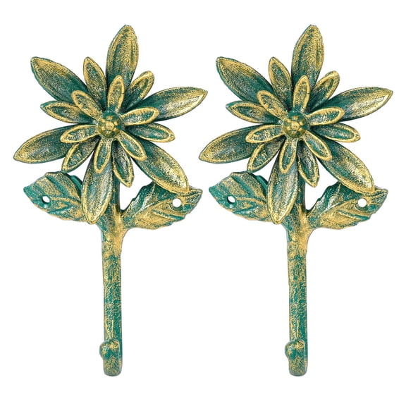 Sungmor Set of 2 Decorative Cast Iron Coat Hooks - Vintage Flower Design with Antique Green Finish - Heavy Duty Wall Hook for Coats,Hats,Keys - Hanger for Entryway,Bathroom and Bedroom