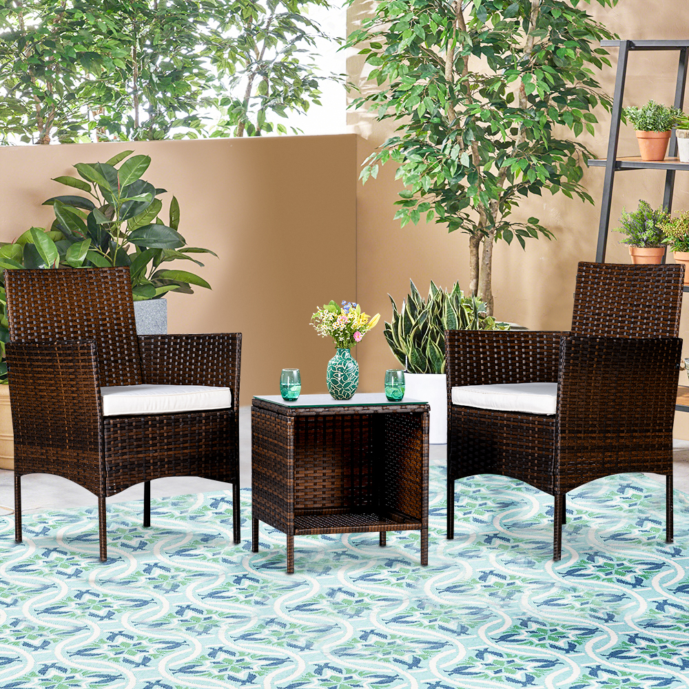 Outdoor Table and Chairs, 3-Piece Wicker PE Rattan Furniture Sets, Patio Bistro Set with Glass Side Table and 2 Single Sofa, Removable Cushion, Small Patio Set for Backyard Porch Garden Balcony, J2054 - image 1 of 14