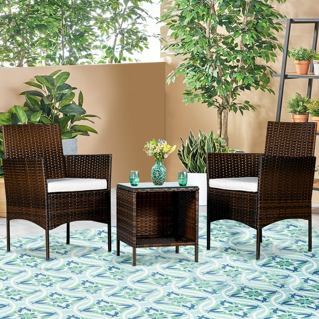 Outdoor Table and Chairs, 3-Piece Wicker PE Rattan Furniture Sets, Patio Bistro Set with Glass Side Table and 2 Single Sofa, Removable Cushion, Small Patio Set for Backyard Porch Garden Balcony, J2054