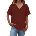 thumbnail image 2 of Women’s Summer Casual Tops Solid Color V-Neck Linen Basic T Shirt Vacation Everyday Short Sleeve Tops Red M, 2 of 8