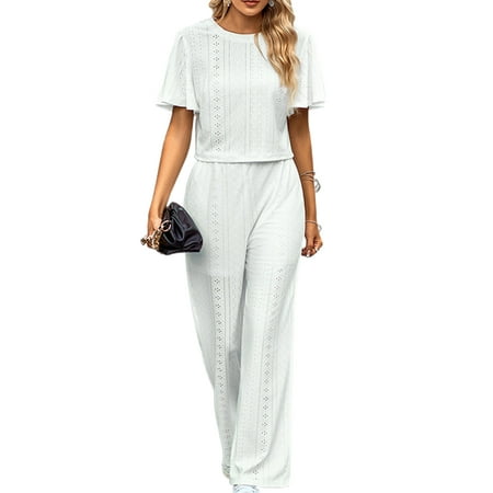 

Paille Women Lounge Sets Short Sleeve 2 Piece Outfits Wide Leg Summer Outfit Casual Crew Neck Sleepwear Sleep Pajamas White XL