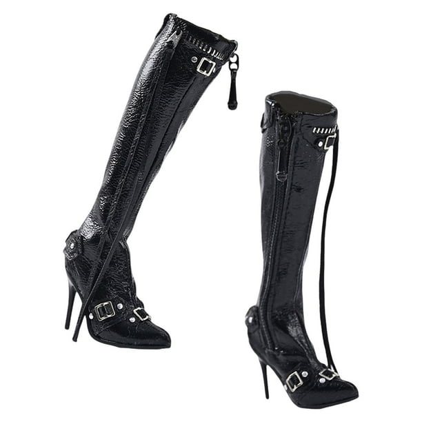 Figuras de acción 1:6, botas altas, botas de tacón alto para muñeca de 12, zapatos de muñeca con articulación esférica, botas para cuerpo femenino negro
