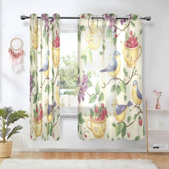 Yayeee Window Curtains Light Filtering 63"x42" Grommet Panel Pair Home Living Room Decor, Birds with Strawberries