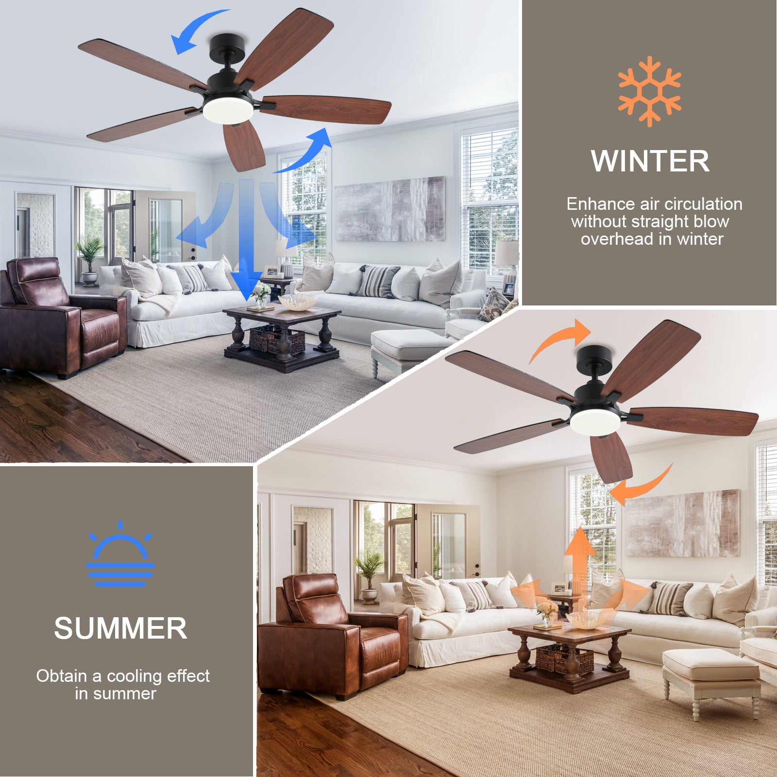 Low Profile Ceiling Fan with Lights, 52 inch Modern Brown Ceiling Fans with Lights APP/Remote Control,6 Speeds Ceiling Fan Light for Indoor/Outdoor Patio Bedroom Living Room