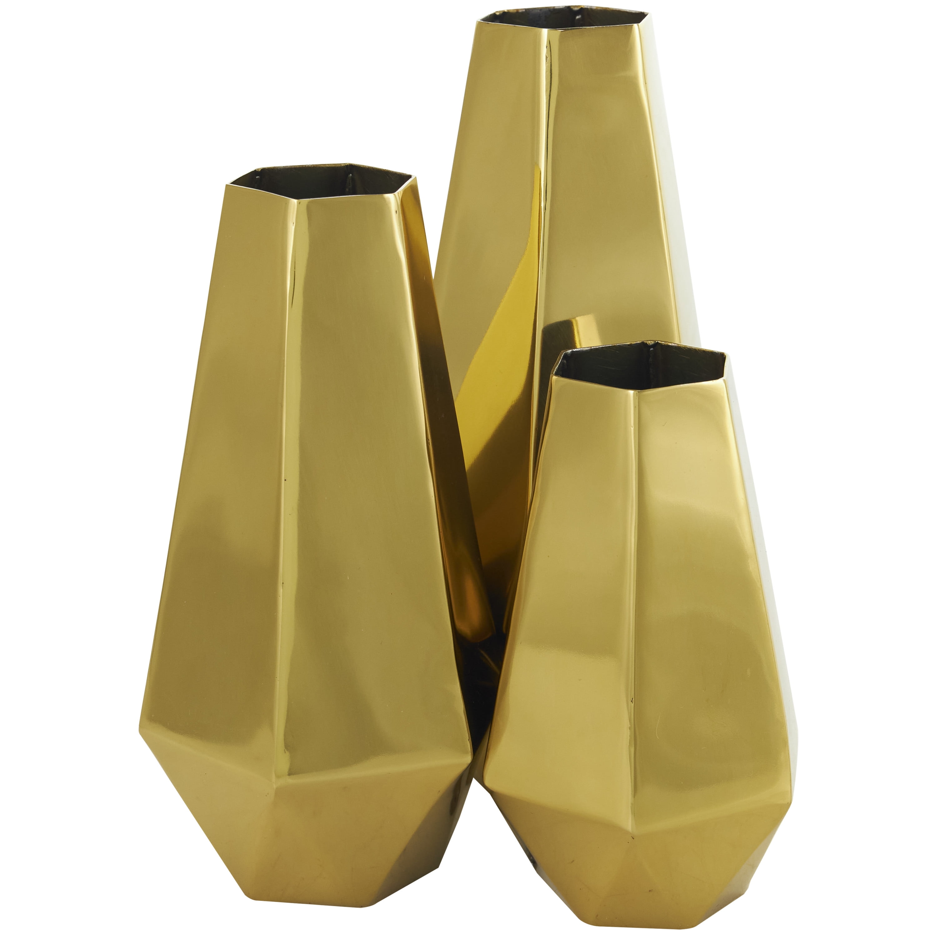 DecMode 10", 8", 6"H Geometric Hexagon Shaped Gold Stainless Steel Vase with Varying Heights, Set of 3