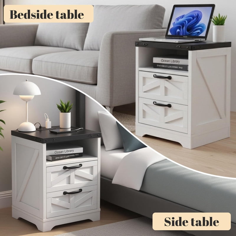 TROPOW Bedside Tables with Charging Station, 2 Drawers, USB & Type-C Ports, Industrial Bedside Table with Storage – End Tables for Bedroom or Living Room, White Color