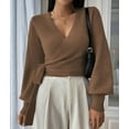 thumbnail image 6 of Women'S Casual V Neck Wrap Sweater Pullover Long Sleeve Slim Fit Knit Crop Top Sweater Coffee S, 6 of 9