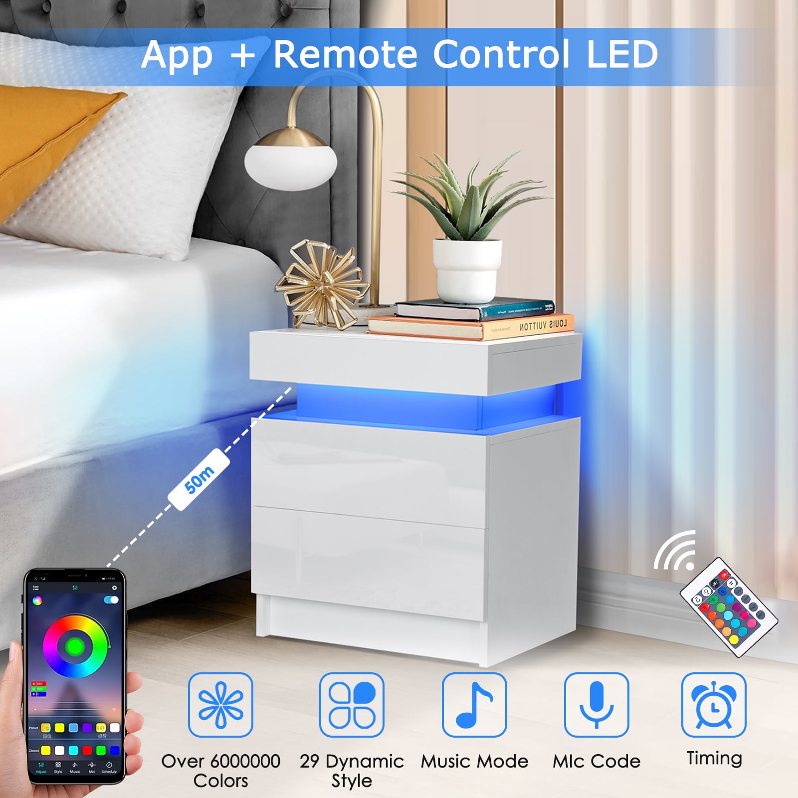 Hommpa 2 Drawer Modern Nightstand with RGB LED Light High Gloss Bedside Tables for Bedroom White