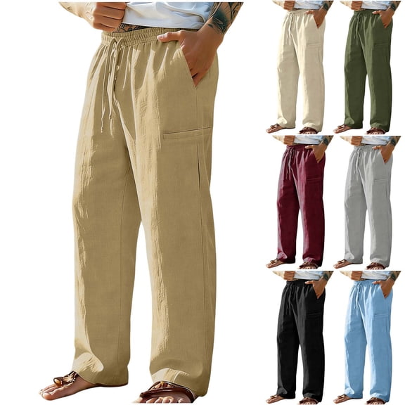 Guluxicc Linen Pants for Men Elastic Waist Pants Drawstring Loose Fit Wide Leg Casual Beach Trousers with Pockets