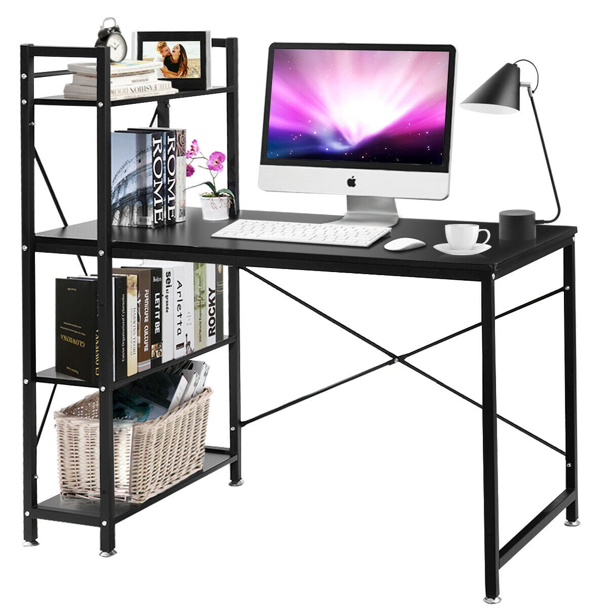 Tower Computer Desk with 4 Tier Shelves 47.6 Multi Level Writing Study Table with Bookshelves Modern Steel Frame Wood Desk Compact Home Office Workstation Walnut