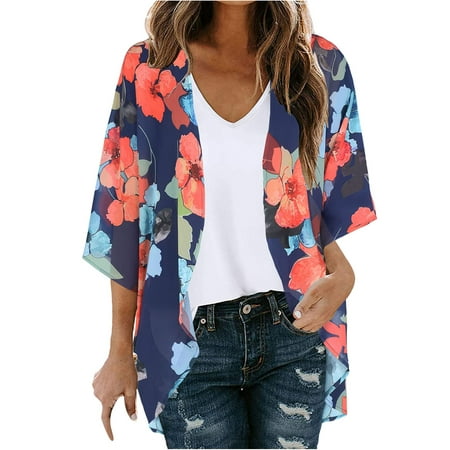 Open Front Lapel 2022 Clothes Fall Fashion Spring Lightweight Long Tops Floral Printing Streetwears Lapel Tops womens spring Blouse Plus Size for Women Orange L