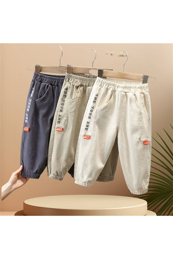Boys Cargo Pants Solid Multi Side Storage Pockets Elastic Waist Loose Full Length Casual Outer Pant for 2 to 10 Years