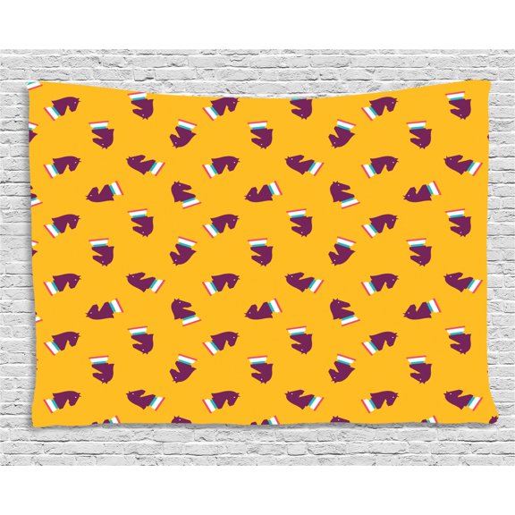 Playroom Tapestry, Chess Game Icons Horse Pieces Pattern Intellectual Game Kids Design, Wall Hanging for Bedroom Living Room Dorm Decor, 60W X 40L Inches, Marigold Purple Turquoise, by Ambesonne