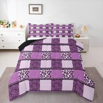 jejeloiu Leopard Print Bedding Comforter Set,Abstract Zebra Pattern Twin Comforter Sets,Purple Checkered Bedding Set For Girls Kids,Ultra Soft Home Decor Reversible,2 Pieces