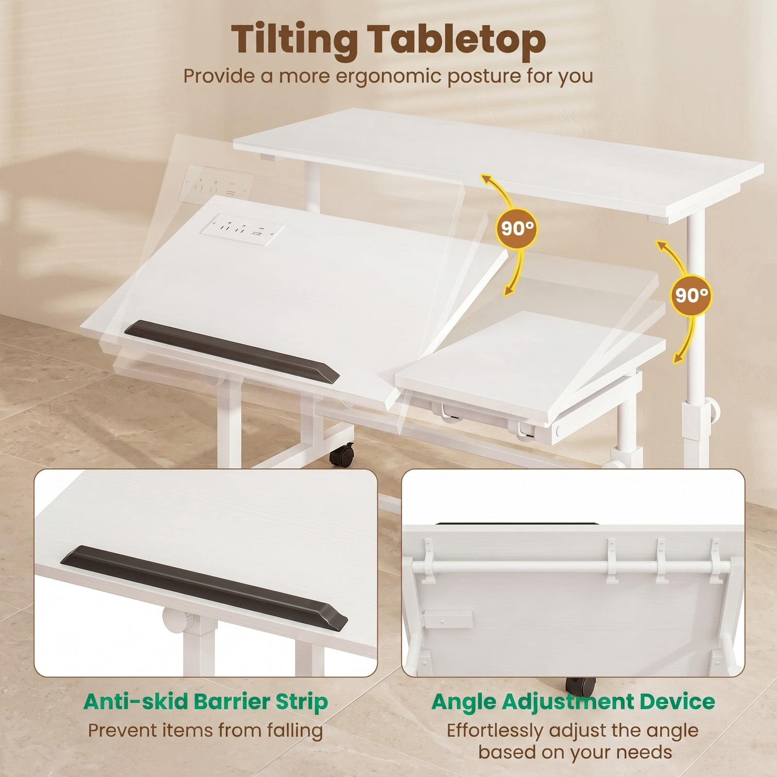 Furnibear Mobile Standing Desk Height Adjustable Computer Workstation with 2 Tilting Desktops, Rolling Sit Stand Desk with Charging Station, USB & Type-C Ports, White