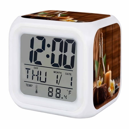 Boho Spa Brown Digital Alarm Clock for Bedrooms, Smart LED Alarm Clock with 7 Color Changing Night Light, Bohemia Stones Flowers Silent Wake Up Clocks for Sleep Study Cooking 3.2x3.2