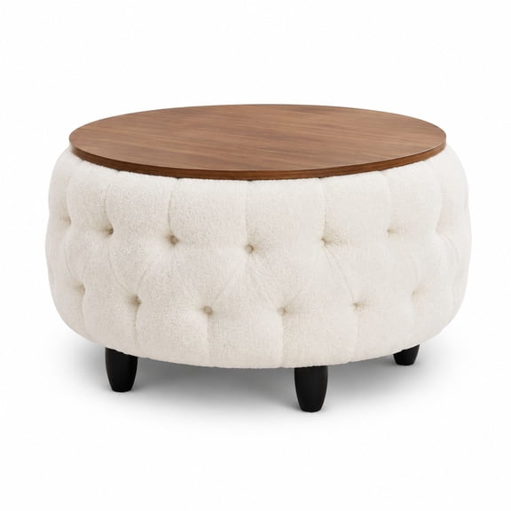 32-Inch Round Teddy Fleece Storage Ottoman, Coffee Table & Center Table for Living Room