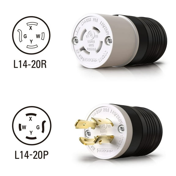 GHRTGR-NEMA L14-20P Locking Plug, Generator Twist Lock Adapter Plug, 20 Amp 125/250V 3 Pole 4 Wire Grounding, Industrial Grade Heavy Duty, UL Listed (1 Pack, Black/White)