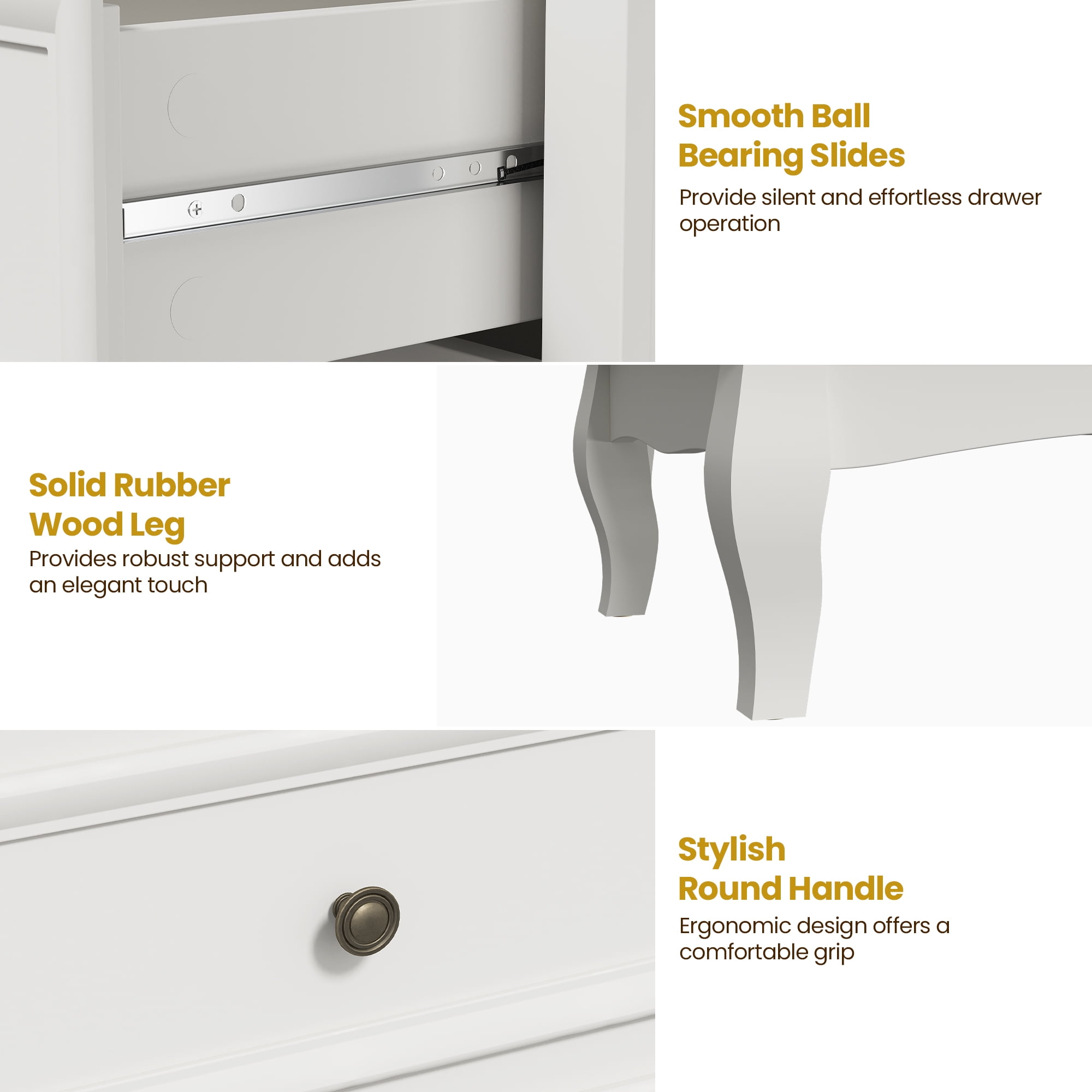 White 3 Drawer Dresser with Ball Bearing Slide, Sturdy Frame Modern Wood Dresser Wide Nightstand Cabinet for Bedroom, Living Room