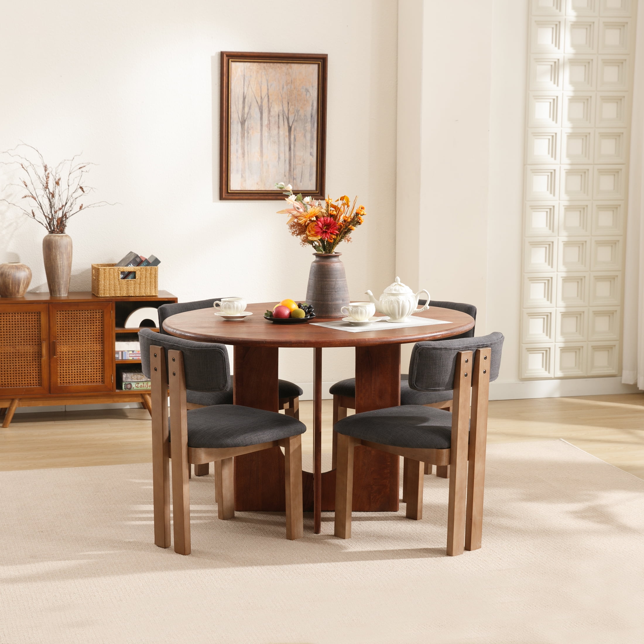 Guyou Wooden Dining Chairs Set of 4, Mid Century Modern Linen Upholstered Dining Side Chairs, Farmhouse Kitchen Chairs with Curved Back for Kitchen Dining Room Living Room, Charcoal