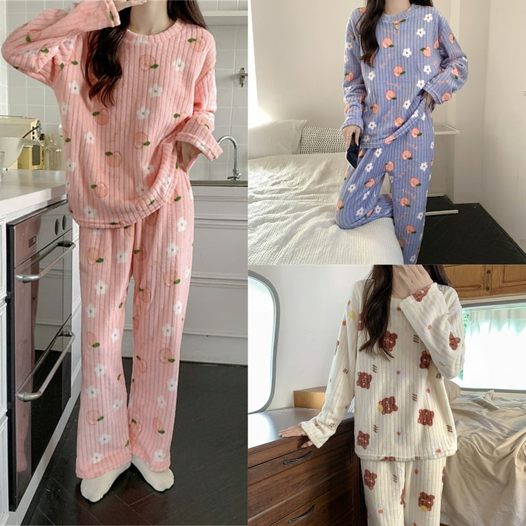 Women's Coral Fleece Pajamas Flannel Sleepwear Soft Pajamas Set