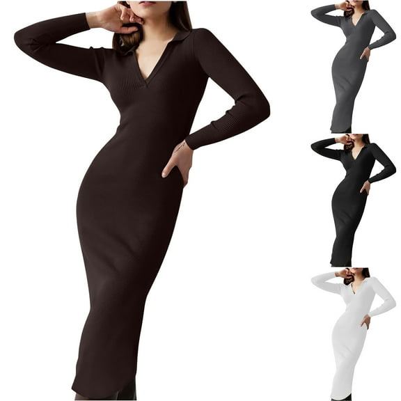 Ashirexll Long Sleeve Maxi Dress, Winter Dress for Women, Womens Fashion Style Medium Length Deep V-Neck Turndown Collar Slim Dress for Fall Winter Elegant Party