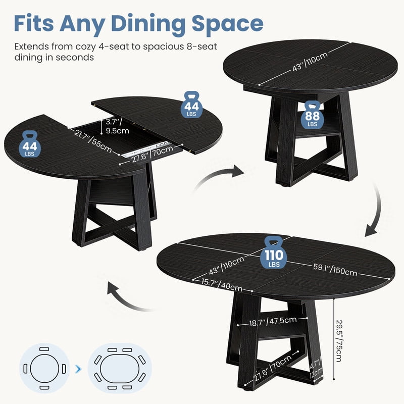 Gianna Extendable Round Dining Table for 4-6, Oval Dinner Table with Storage Shelf, Wood Pedestal Table, Black