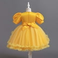 thumbnail image 5 of Wuxian Toddler Girls Bow Tutu Sequins Dress Short Puff Sleeve Round Neck High Waist Ruffles Tutu Dress Glitter Mesh Party Gown With Layered Dresses,Yellow,5-6 Years, 5 of 7
