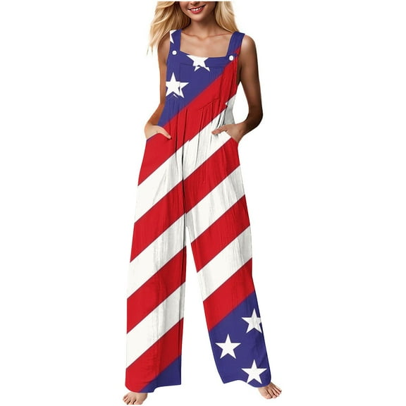 Hvot&aat 4th of July Romper For Women Independence Day Print Loose Buttoned Jumpsuit American Flag Wide Leg Overall with Pockets