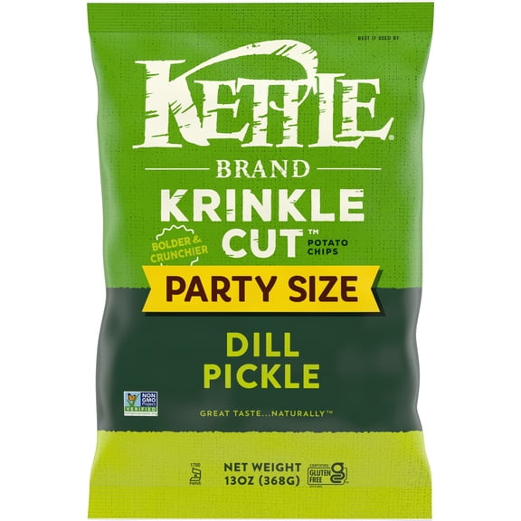Kettle Brand Potato Chips, Krinkle Cut, Dill Pickle Kettle Chips, Party Size, 13 oz