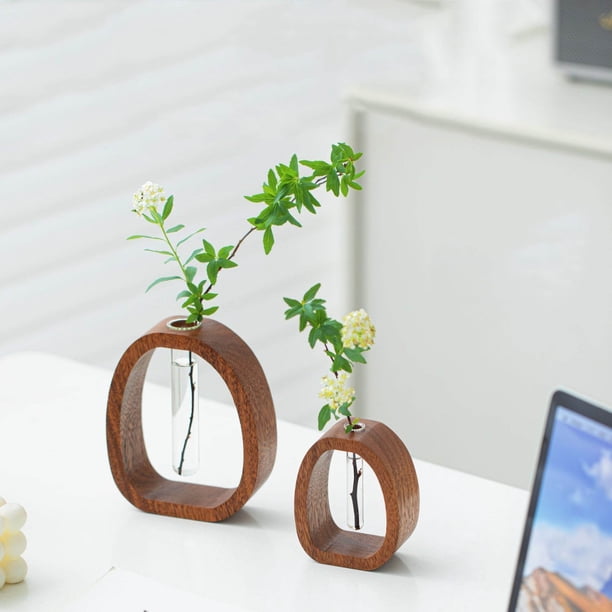 Elegante jarrón de flores de vidrio de madera de nogal, contenedor decorativo artesanal de madera maciza para arreglos frescos o secos, decoración única para el hogar, acabado de grano natural fácil