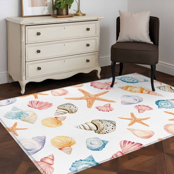 3'x5' Area Rugs, Shell Starfish Coastal Indoor Outdoor Area Rug for Living Room Bedroom, Summer Beach Ocean Watercolor Washable Bathroom Rugs Kitchen Floor Carpet Mats Home Decor Aesthetic