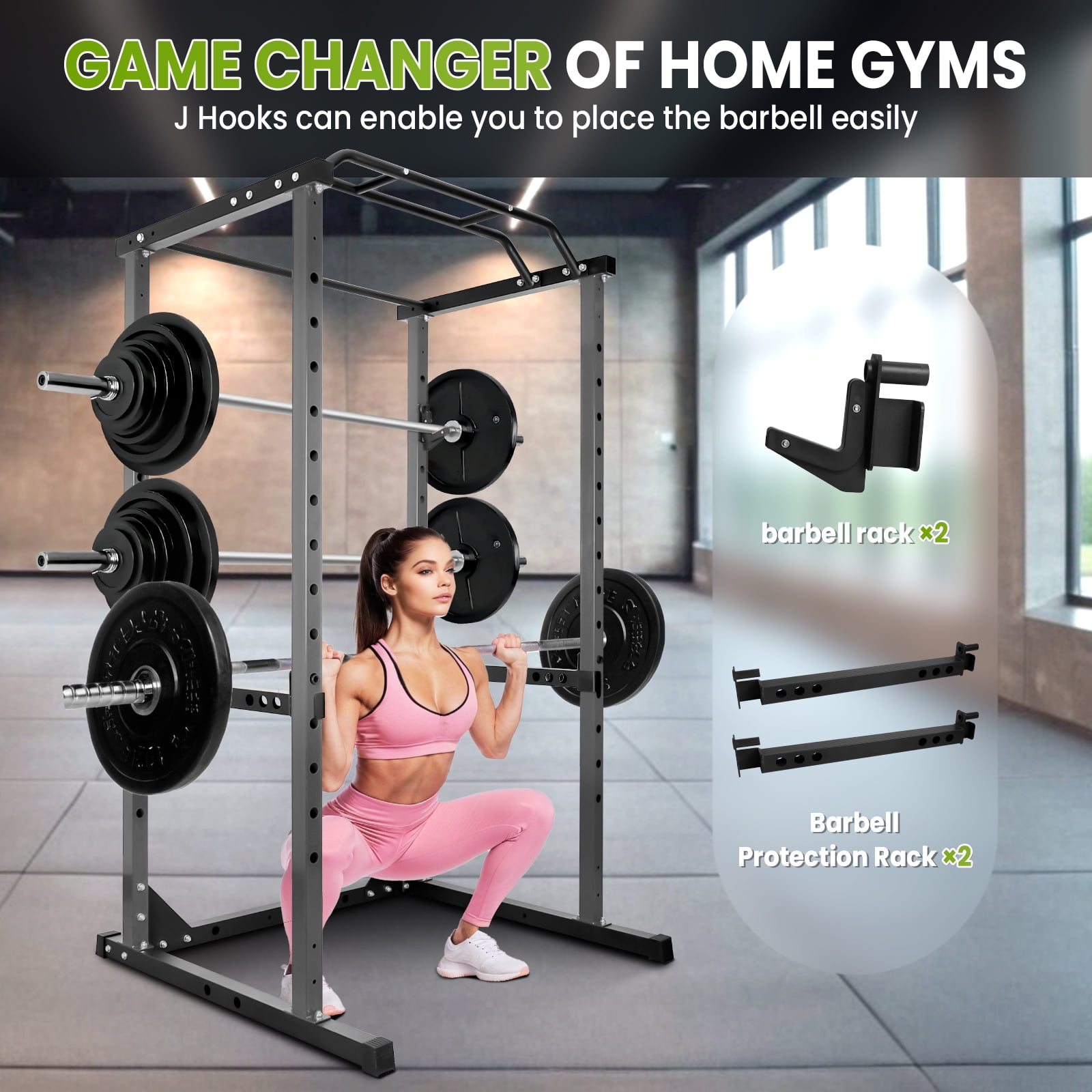 Adjustable Squat Rack, 1200LB All-in-One Squat Rack, 45.6"×44.3"×81.5" Squat Rack Power Cage with J-Hooks for Home Gym Strength Exercises