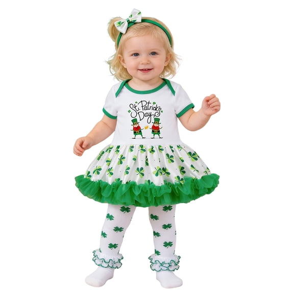 XAOFW Girl's Outfits Sets St. Patrick'S Day Short Sleeve Crewneck Mesh Dress With Hat And Socks 3Pcs Set Streetwear Comfort Fit Outfit Daily Lounging Soft Cute Clothing Sets