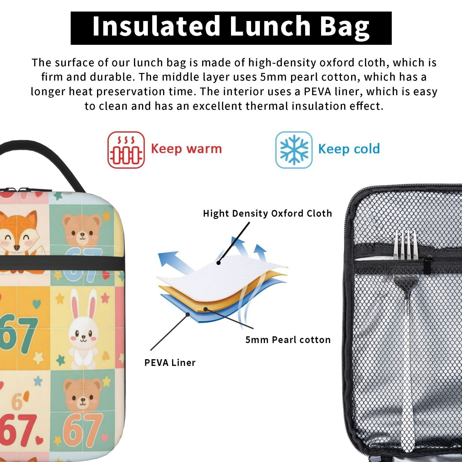 Lunch Bag For Women Men Insulated Portable Lunch Box Bento Box Office Picnic Travel Cooler Bag 67 Pattern With Cartoon Elements