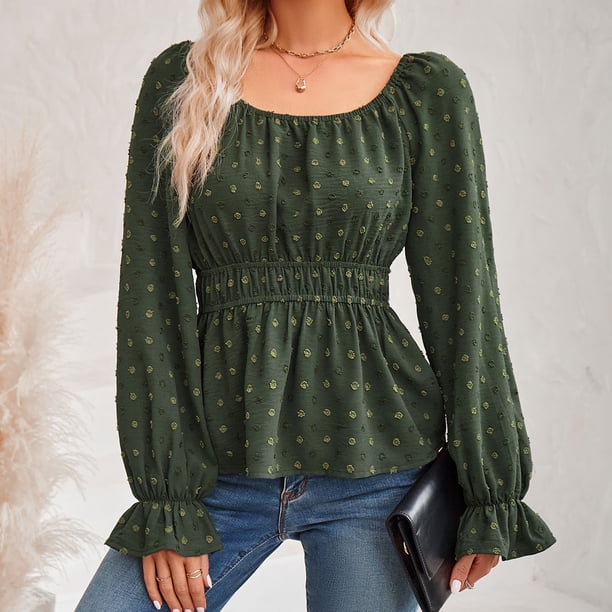 Top de Color Liso,Blusa de Manga Larga con Volantes y Manga Larga para Mujer, Top de Manga Larga con Volantes, diseño de próxima generación