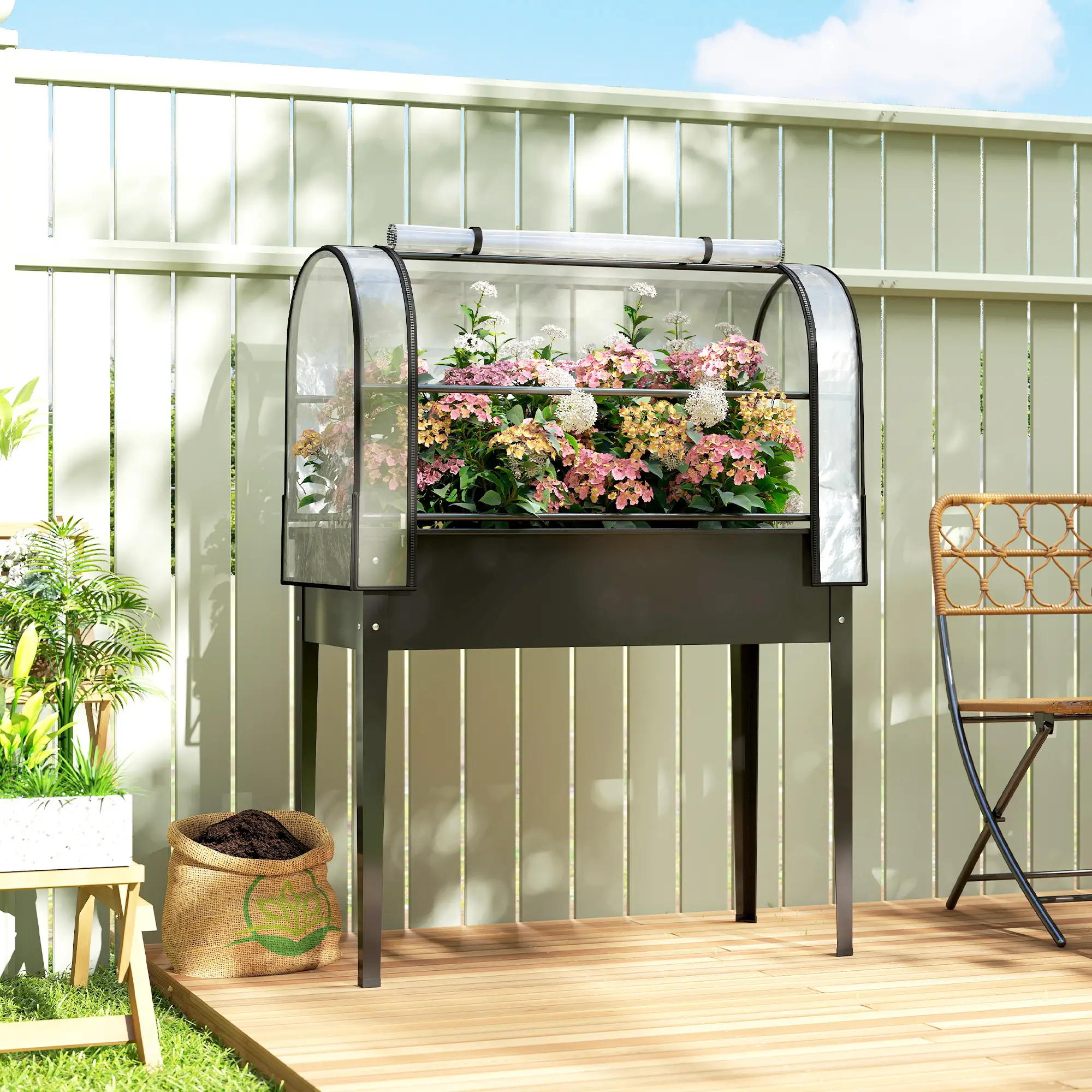 2-in-1 Raised Garden Bed with Mini Greenhouse Cover, Elevated Planter Box with Flip-Up Zippered Door, 0.6mm Rustproof Metal, Drainage Hole, 176lbs Capacity for Outdoor Plants