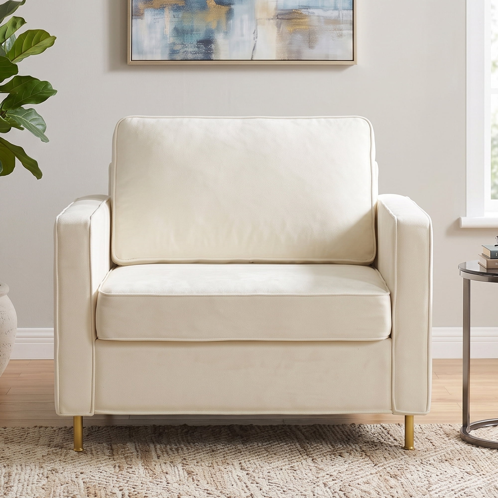 Euroco Modern Accent Chair, Oversized Chenille Upholstered Single Sofa with Deep Seat and Wood Legs, Comfy Reading Armchair for Living Room Bedroom,Beige