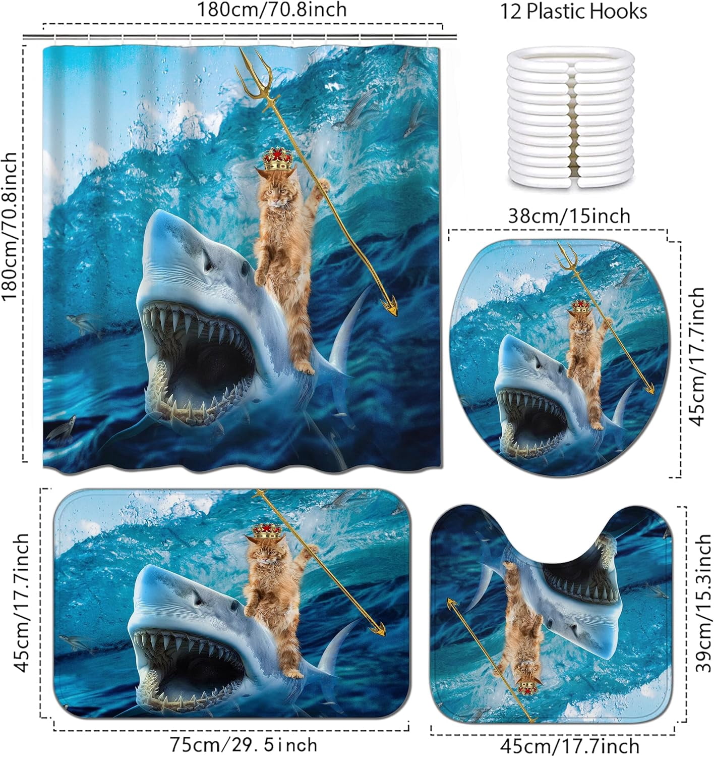 4 Pcs Funny Cat Shark Waterproof Shower Curtain Sets,Ocean Bathroom Sets with Shower Curtain, Toilet Lid Rug, Contour Mat and Bath Mat, 12 Hooks for Bathroom Set Decor
