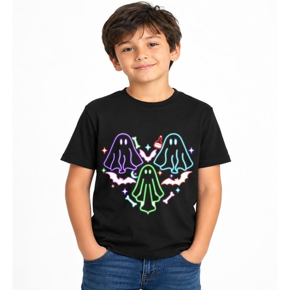 Halloween Neon Ghost Trio T-Shirt for Boys, Cute Graphic Short Sleeve Shirt for Autumn Seasonal Wear