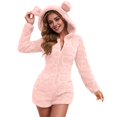 thumbnail image 4 of RYRJJ Womens Plush Hooded Jumpsuit Sherpa Fuzzy Pajamas Long Sleeve Cute One Piece Onesie Winter Warm Short Rompers Sleepwear(Pink,L), 4 of 8