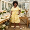 thumbnail image 2 of GRACE & GRANDEUR Women's Plus Size Easter Floral Print Dress Button Decor Notch Neck Ruffle Sleeve Tiered Flowy Midi Summer Holiday A Line Dresses with Pockets 1X Yellow, 2 of 7