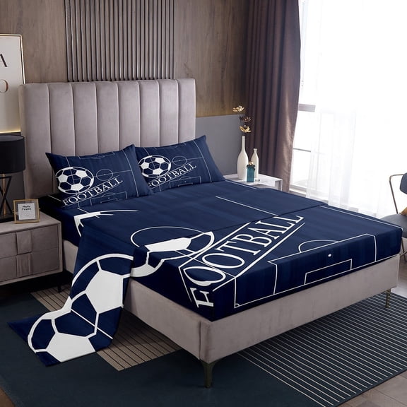 Football Full Sheets Sports Theme Bedding, Ball Gamer Bed Sheets Set Navy Blue Sheet Set, Football Field Bedding Set